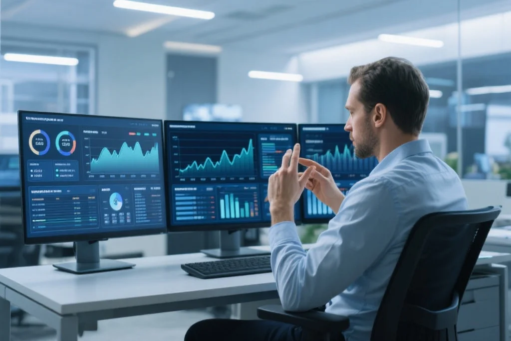一位专业人士正在分析复杂的商业数据仪表盘