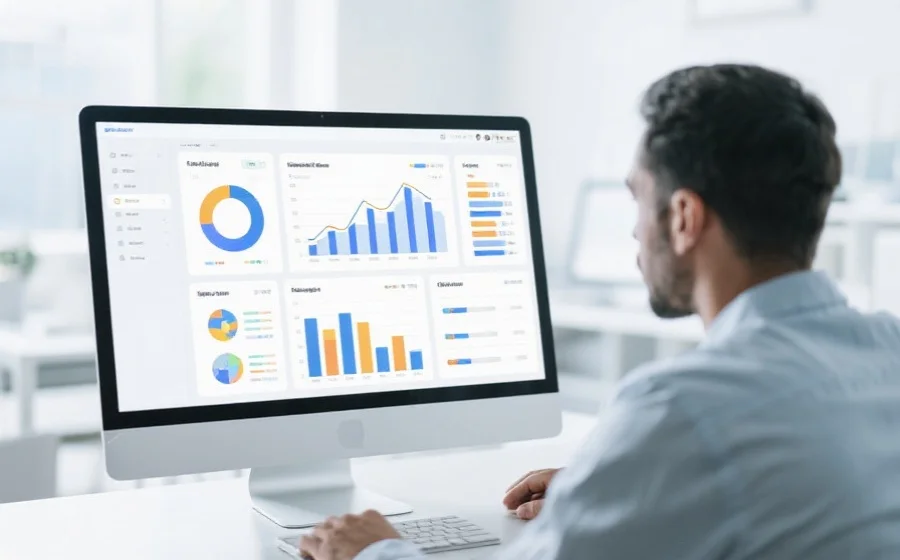 用户在现代电脑屏幕前专注分析带有各种图表的数据可视化界面，环境明亮整洁